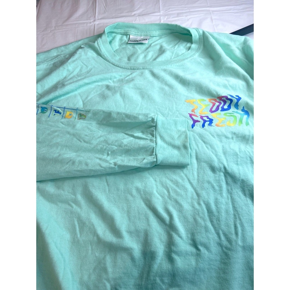 Teddy Fresh Mens Mint Green Rainbow Wavy Logo Long Sleeve Graphic T-Shirt Size L